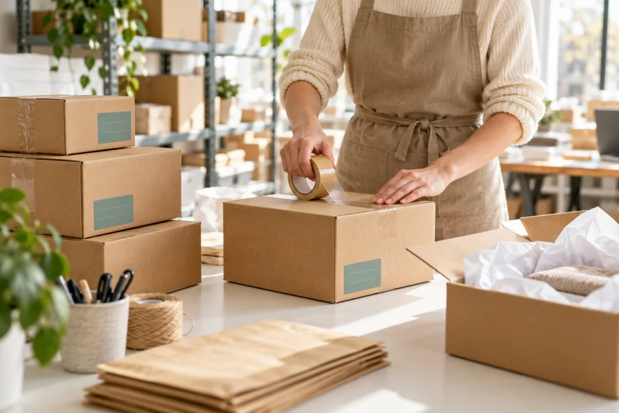 Shipping parcels being carefully packed for delivery